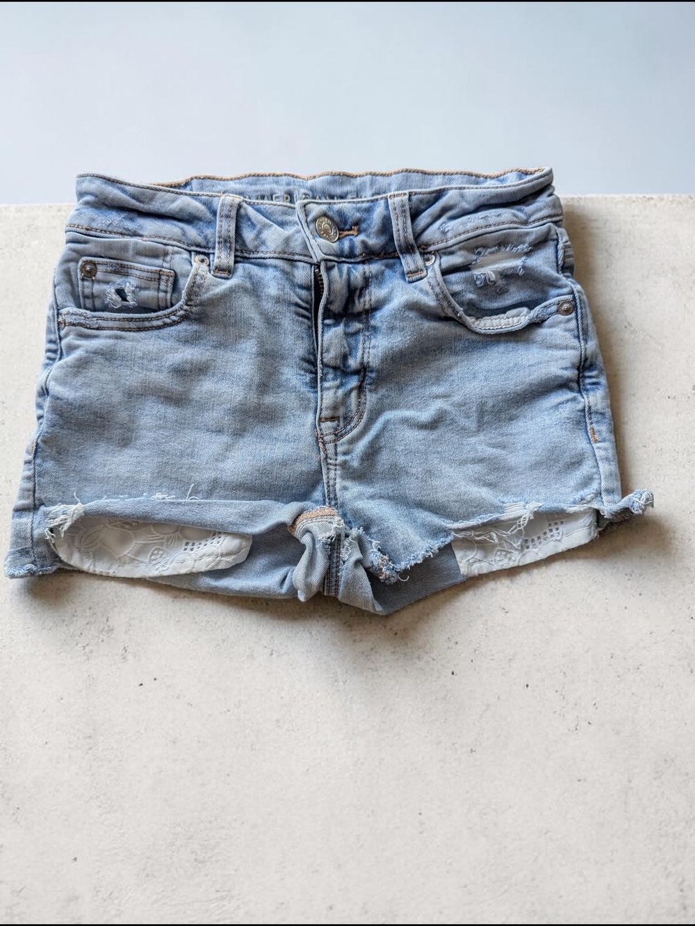 American Eagle Outfitters Light Blue Denim Shorts with Lace Pocket Detail